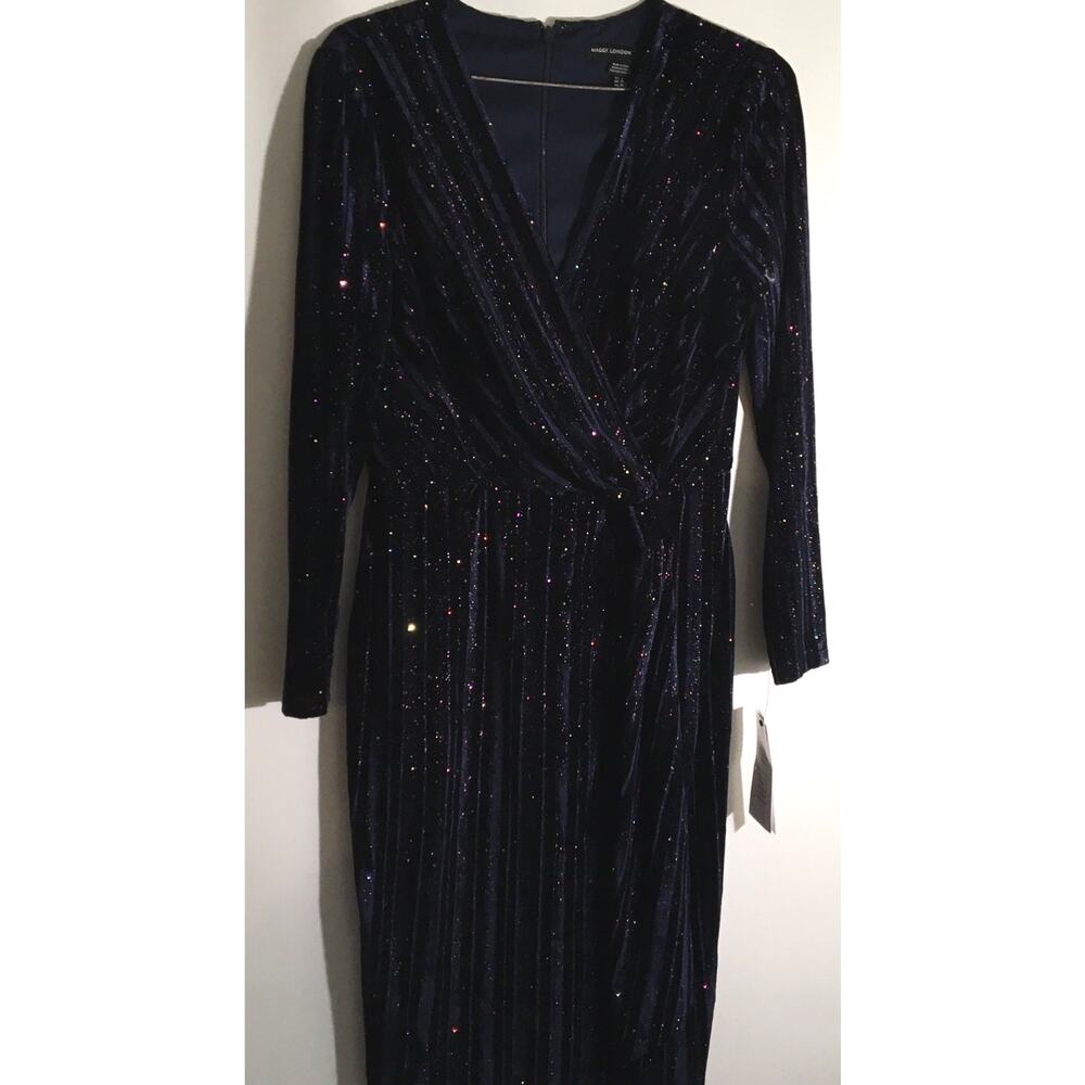 Maggy London Women's Size 6 Navy Blue Glitter Knee Length Long Sleeve Dress